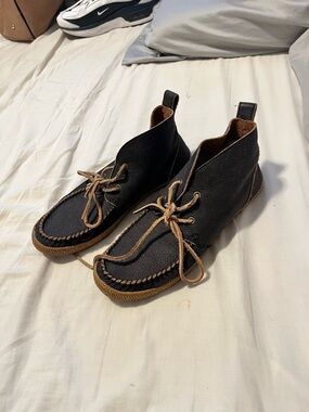 UGG Black Leather Moccasin-Style Ankle Booties with Tan Laces